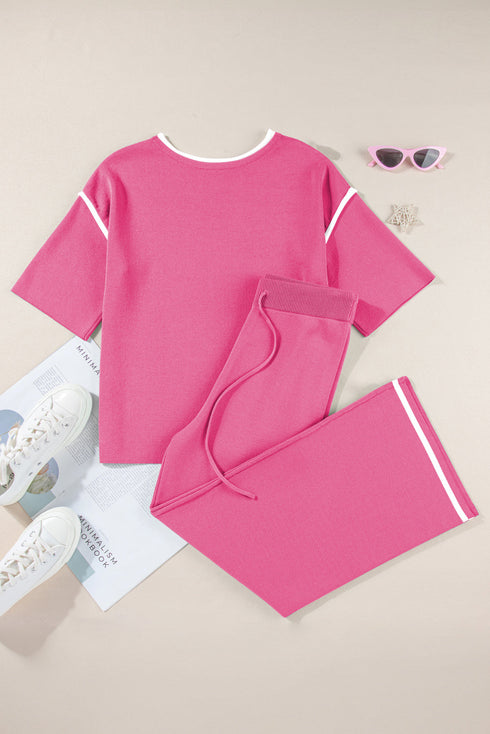 Contrast Trim Textured Knit Half Sleeve Drop Shoulder Drawstring Waist Wide Leg Two Piece Pant Set